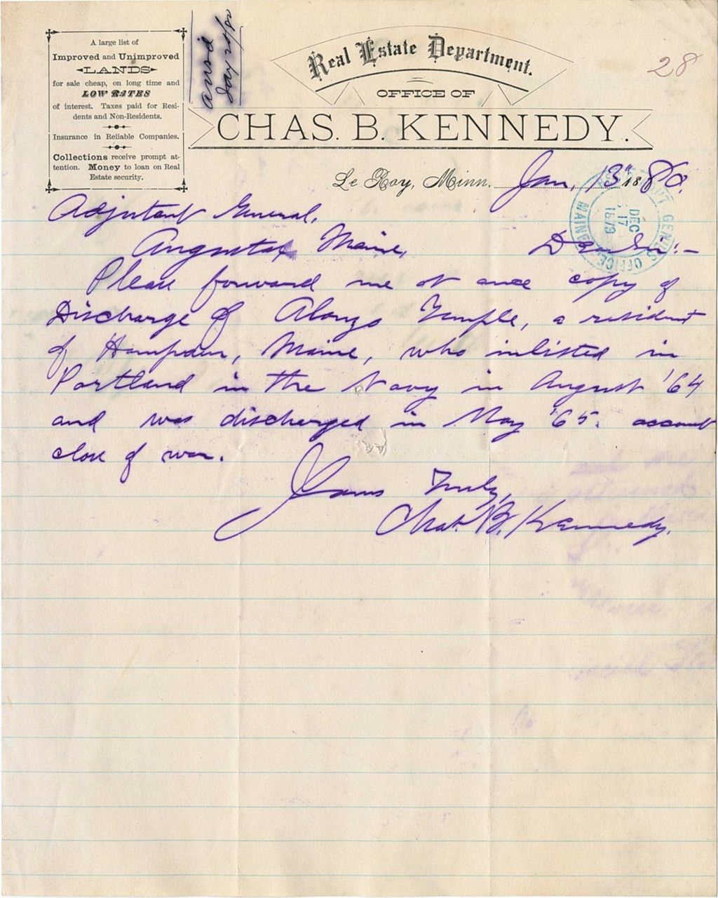 Miniature of Chas B. Kennedy requesting the discharge papers of Alonzo Temple