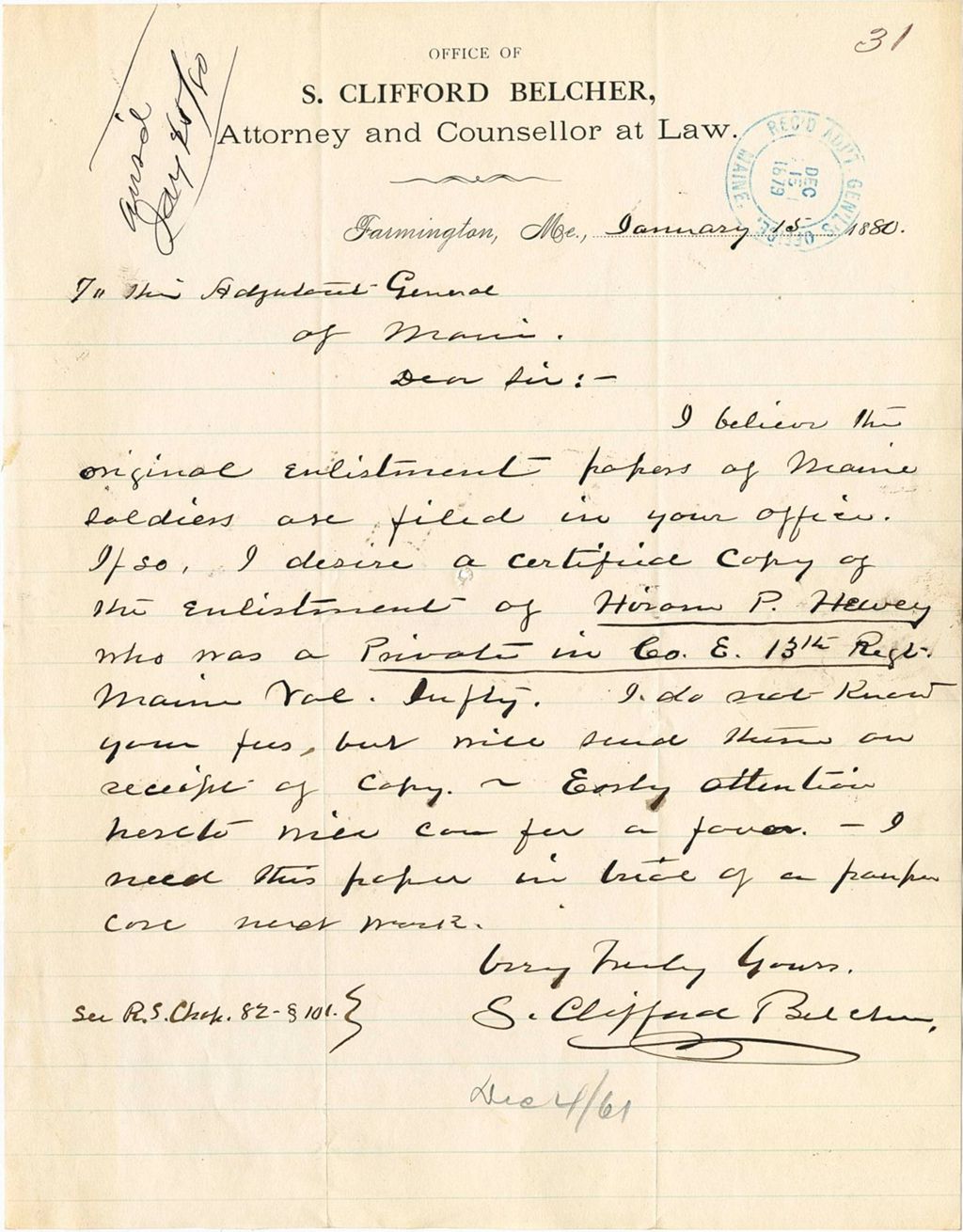Miniature of S. Clifford Belcher requesting a copy of Hiram P. Hewey's enlistment papers