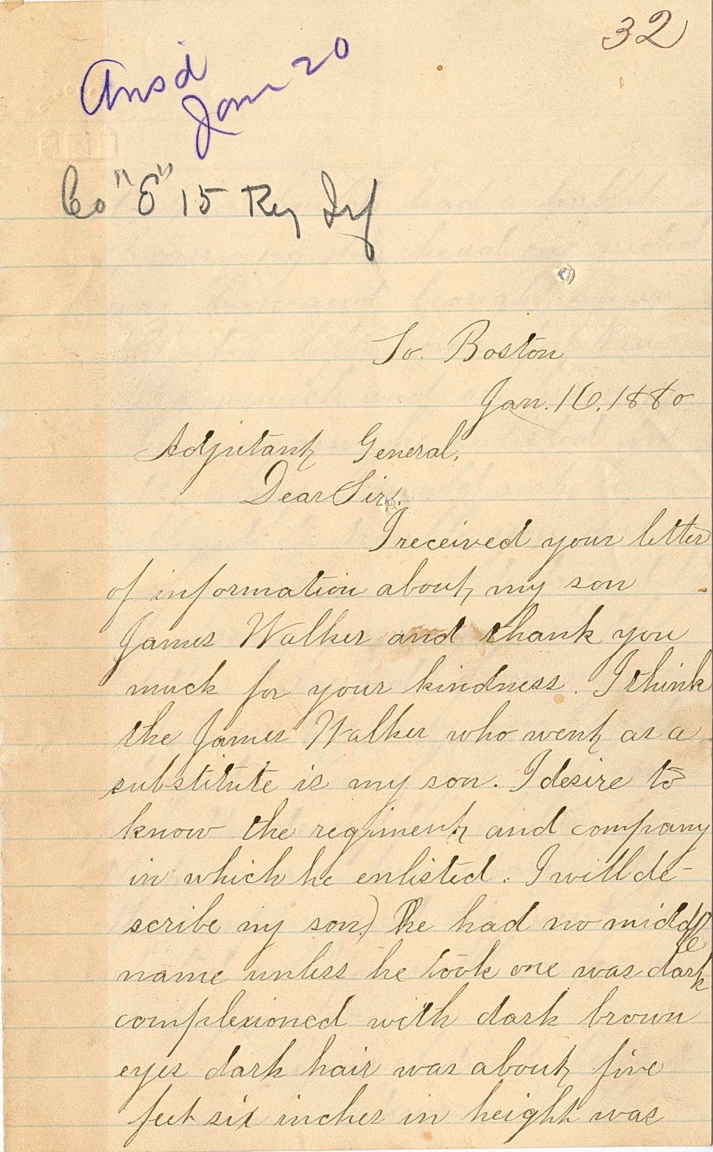 Miniature of Stewart Walker describing his son James Walker to try and find what regiment he may have enlisted in
