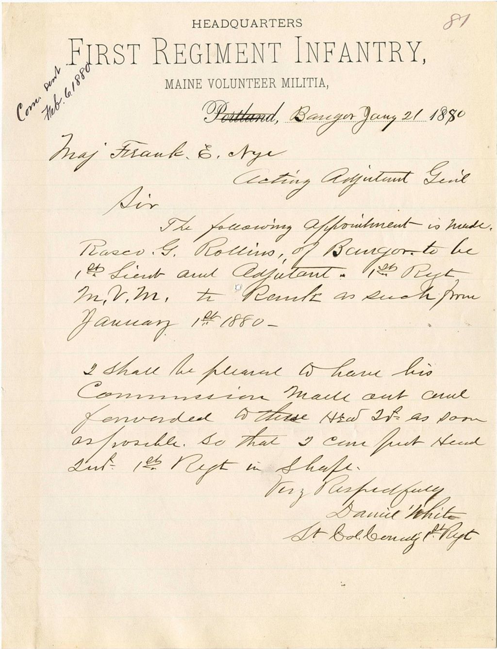 Miniature of Daniel White sending information of the appointment of [Rasev] G. Rollins