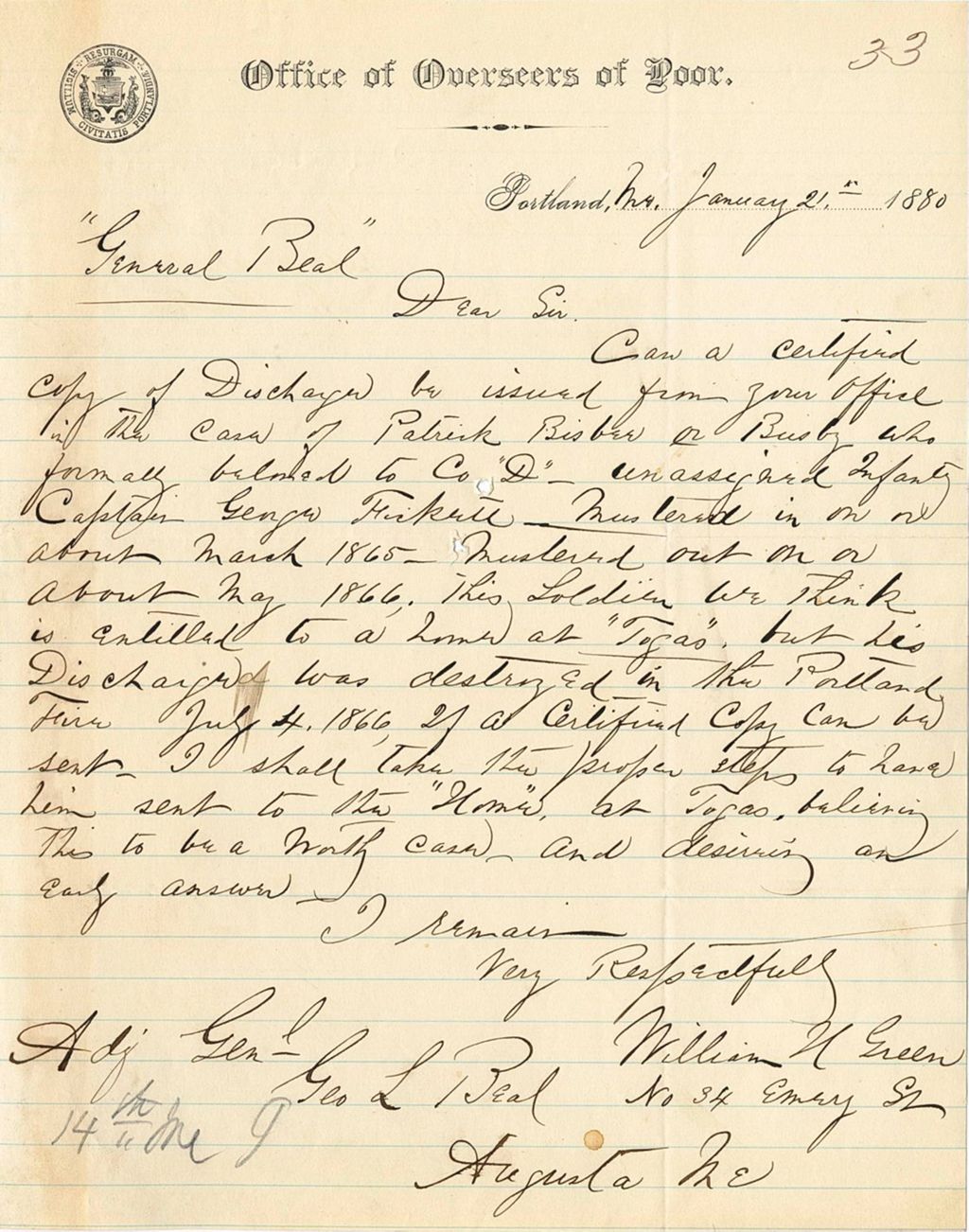 Miniature of William N. Green requesting a certified copy of discharge for Patrick Bisber