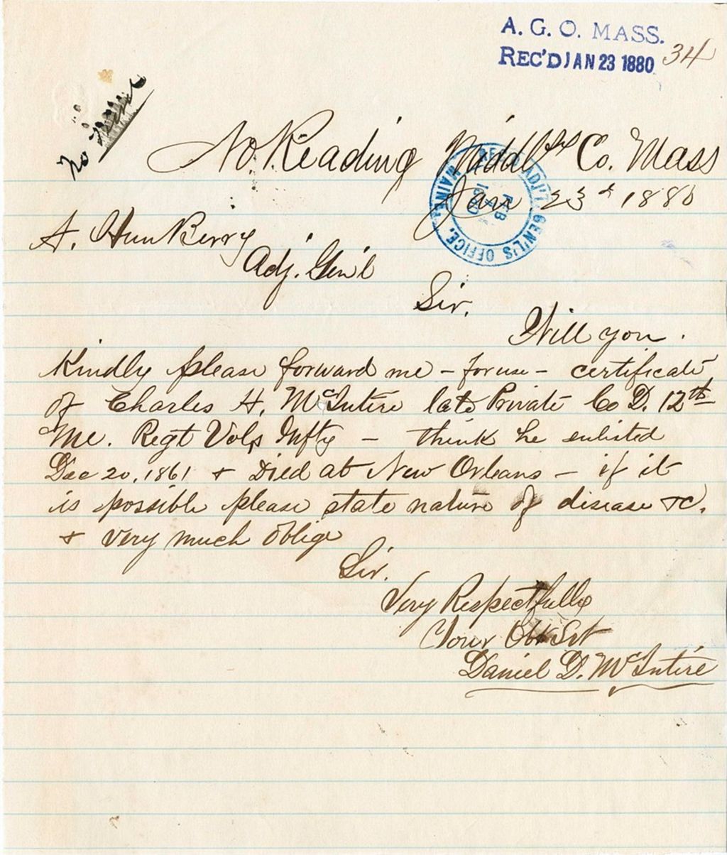 Miniature of Daniel D. McIntire requesting a certificate of [enlistment] for Charles H. McIntire