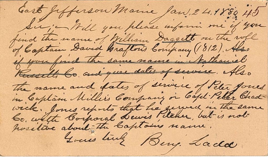 Miniature of Berry Ladd requesting the dates of service for William Daggett and Peter Jones