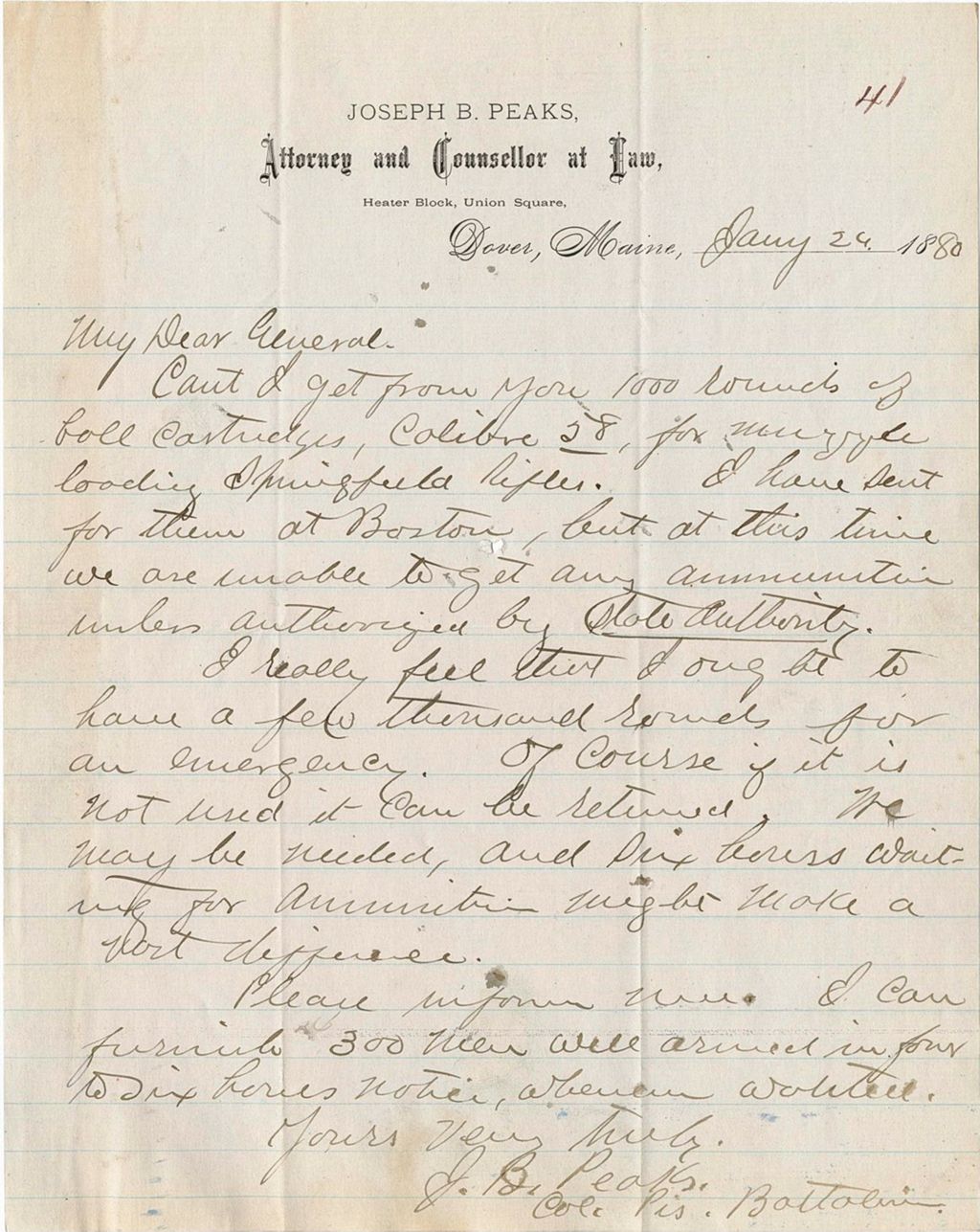 Miniature of Joseph B. Peaks requesting to be send ammunition