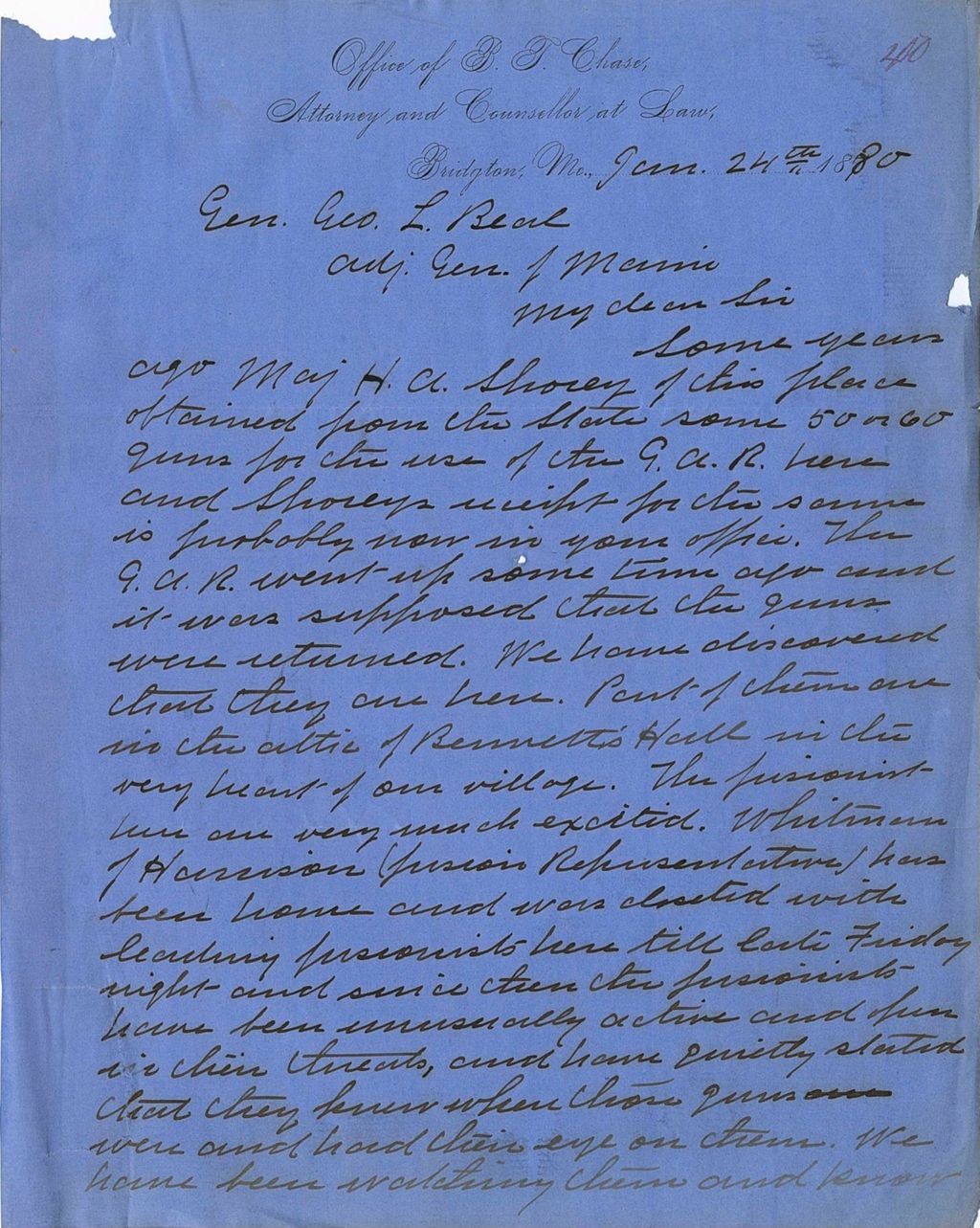 Miniature of B. T. Chase requesting an order be issued so that they can move guns