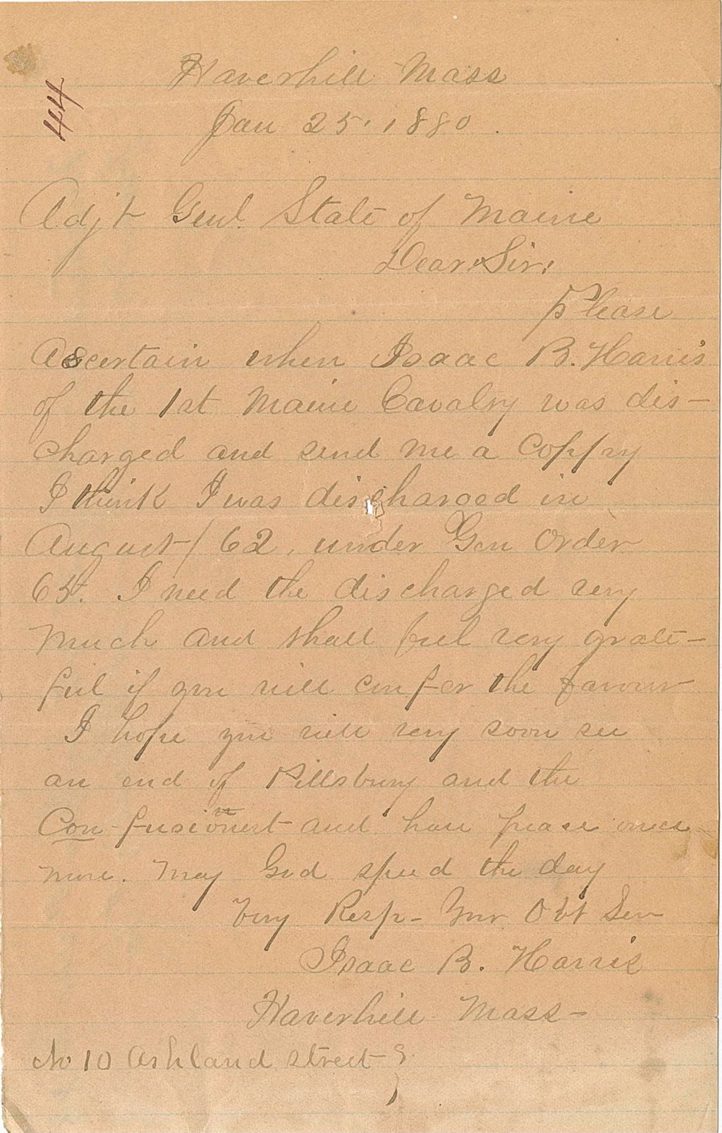 Miniature of Isaac B. Harris requesting his discharge information