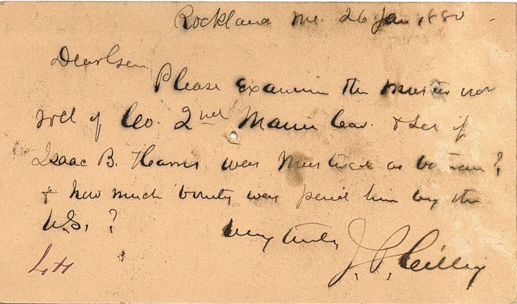 Miniature of [J. P. Leilley] requesting information about Isaac B. Harris