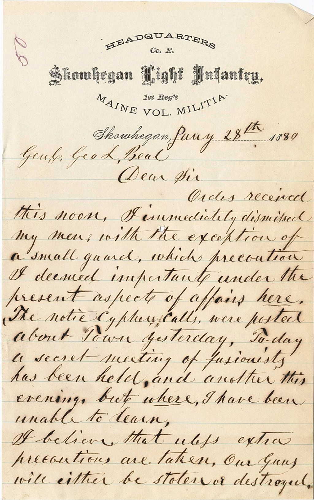 Miniature of Asa S. Emery writing to explain why he kept a small guard to watch their armory while fusionists speak of threats