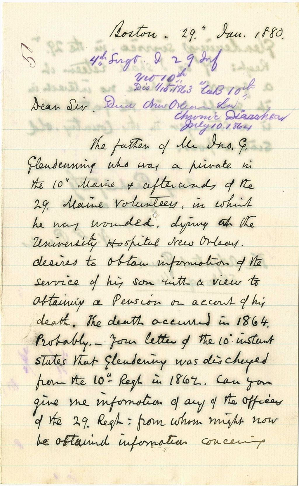 Miniature of N. P. [Pauk] requesting information of Mr. Ino. G. Glendenning in order to get a pension