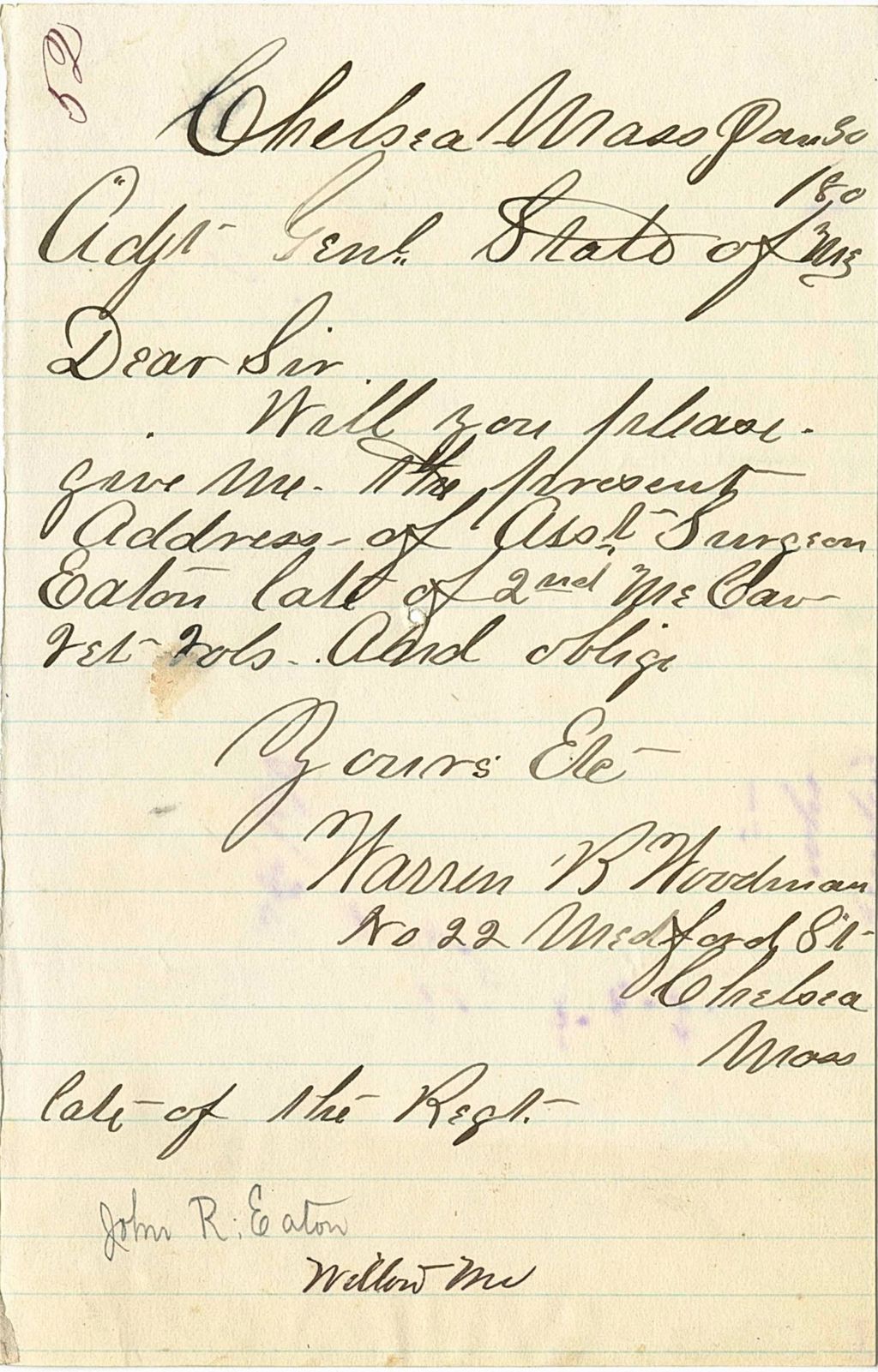 Miniature of Warren B. Woodman requesting the address of Surgeon Eaton [Late]