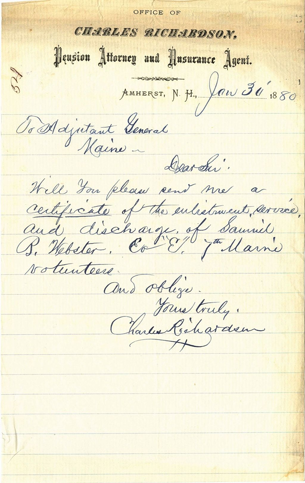 Miniature of Charles Richardson requesting a certificate of enlistment and discharge of Samuel B. Webster