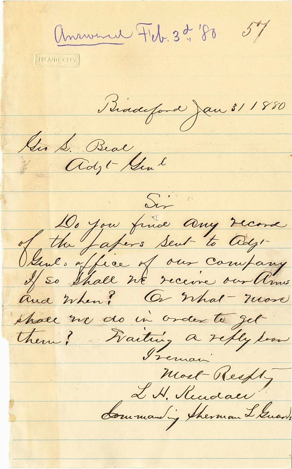 Miniature of L. H. Riudan requesting the dates that his company received their arms