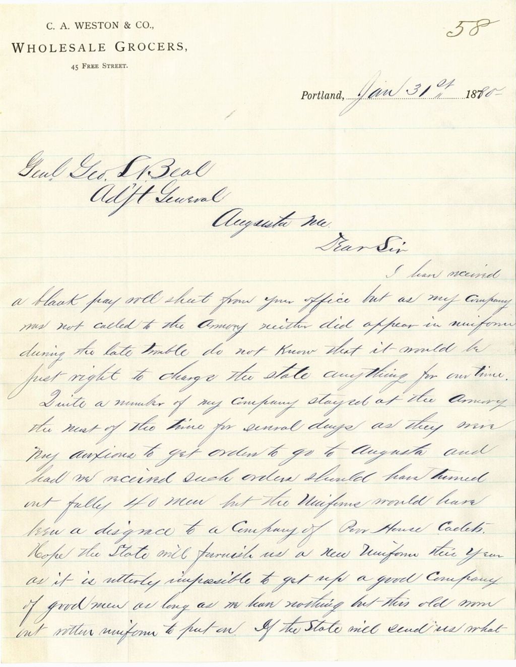 Miniature of C. A Weston writing to request new uniforms for their militia
