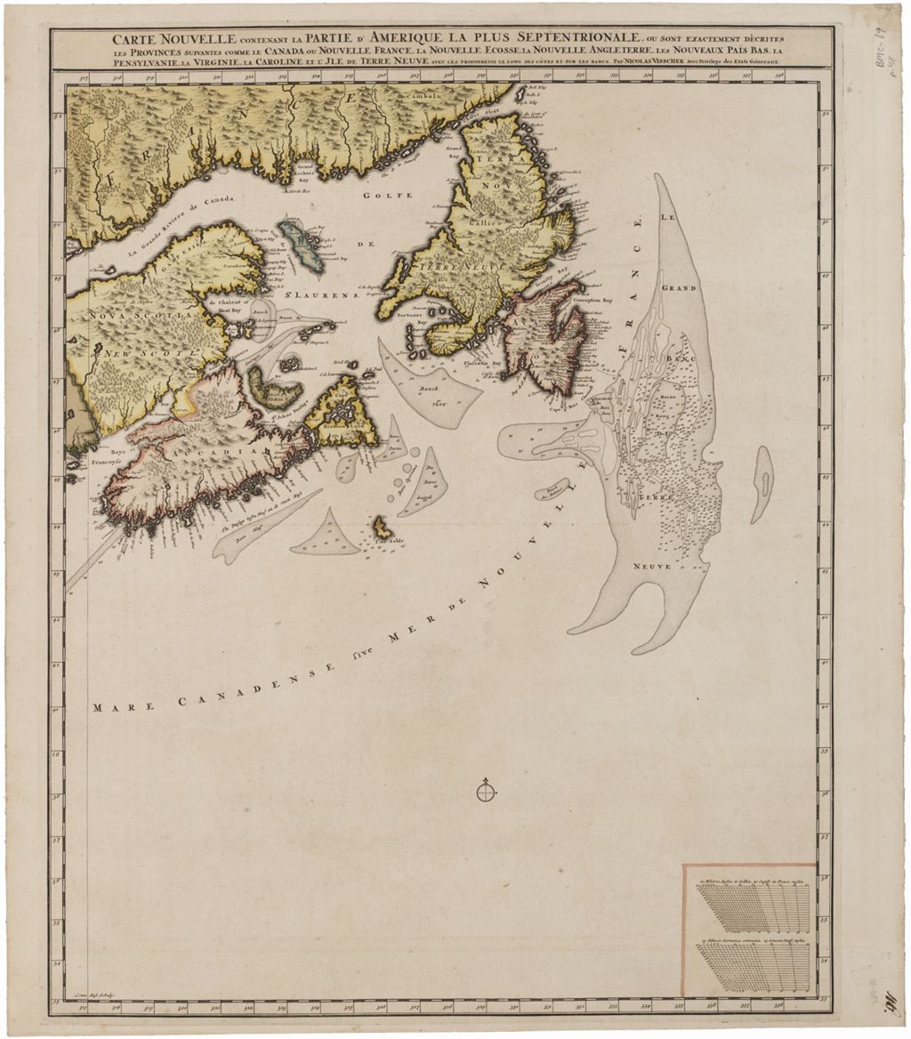 Miniature of BMC 19--Carte nouvelle contenant la partie d'Amerique la plus septentrionale, ou sont exactement dêcrites les provinces suivantes comme le Canada ou Nouvelle France, la Nouvelle Ecosse, la Nouvelle Angleterre, les Nouveaux Païs Bas, la Pensylvanie, la Virginie, la Caroline et l'Jle de Terre Neuve avec les profondeuis le long des côtes et sur les bancs
