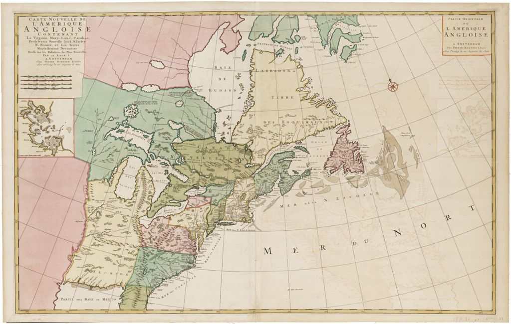 Miniature of BMC 37--Carte nouvelle de l'Amérique Angloise, contenant la Virginie, Mary-Land, Caroline, Pensylvania, Nouvelle Iorck, N:Iarsey, N. France, et les terres nouvellement découerte dressé sur les relations les plus nouvelles. Circa 1700