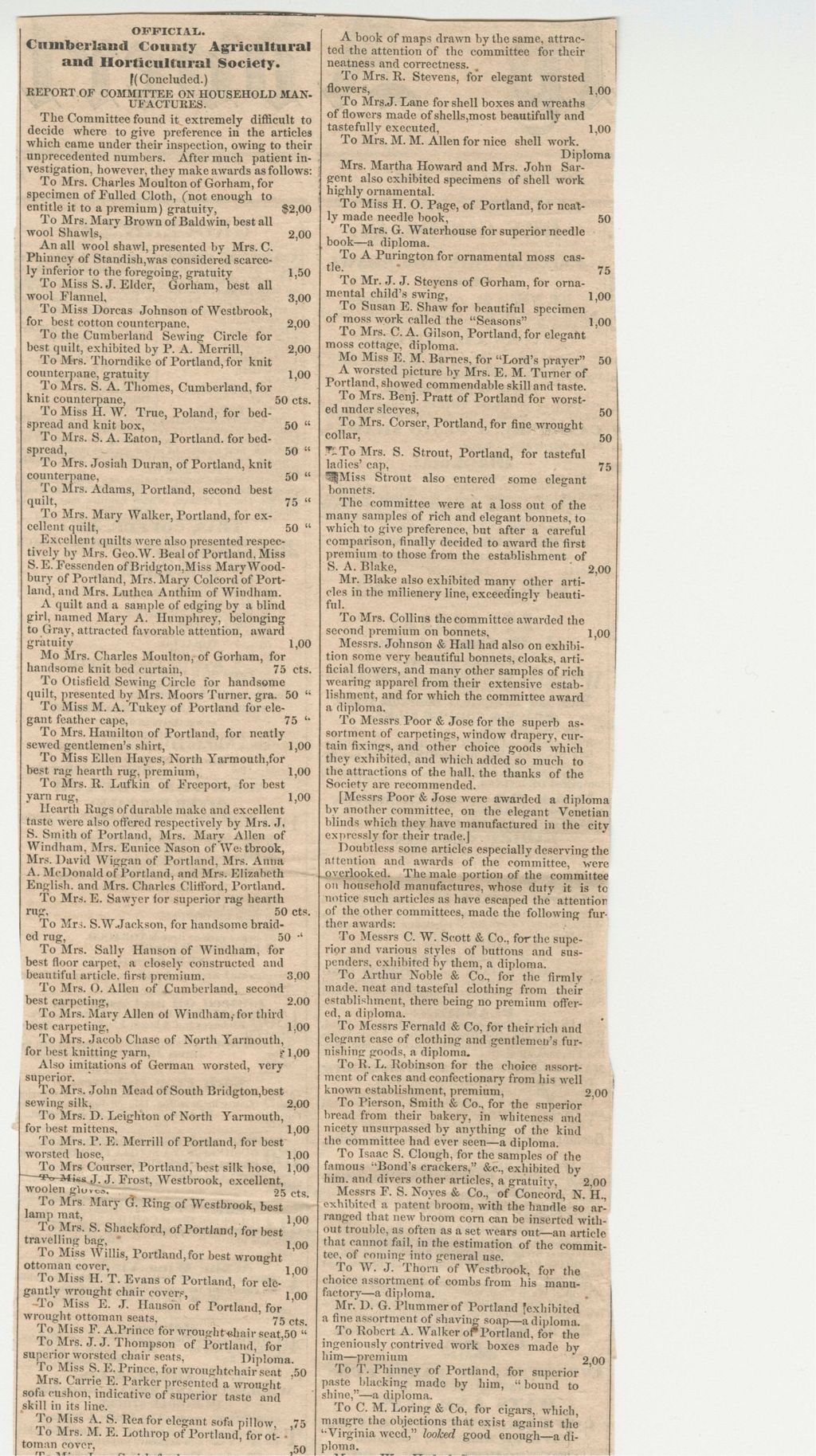 Miniature of Newspaper Announcement of Agricultural Society Premiums