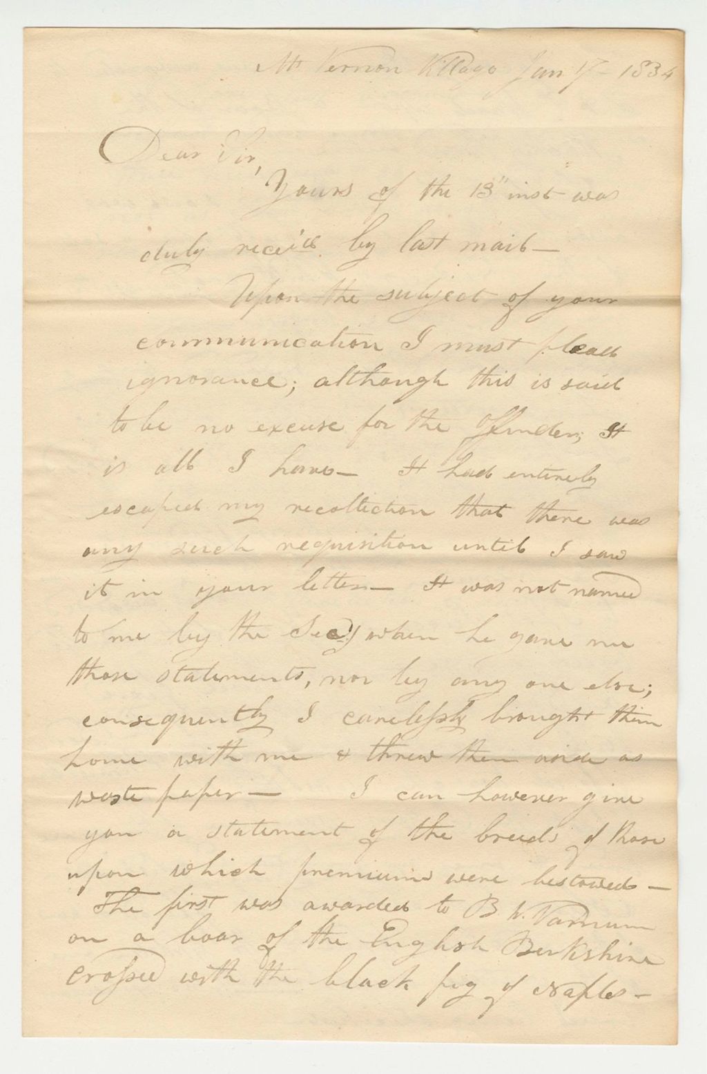 Miniature of D. Baldwin Letter Regarding Pigs