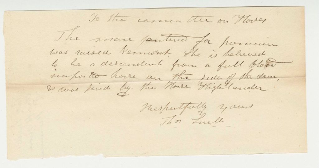 Miniature of Thomas Snell Statement on Draft Horse 2nd Premium