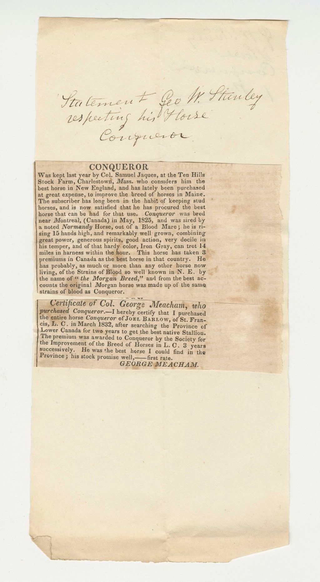 Miniature of George W. Stanley Statement on his horse "Conqueror" 1st Premium