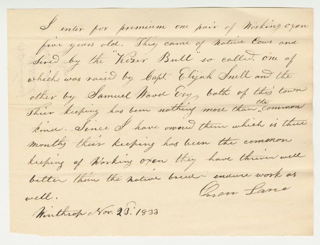 Miniature of Orson Lane Statement on Working Oxen Premium