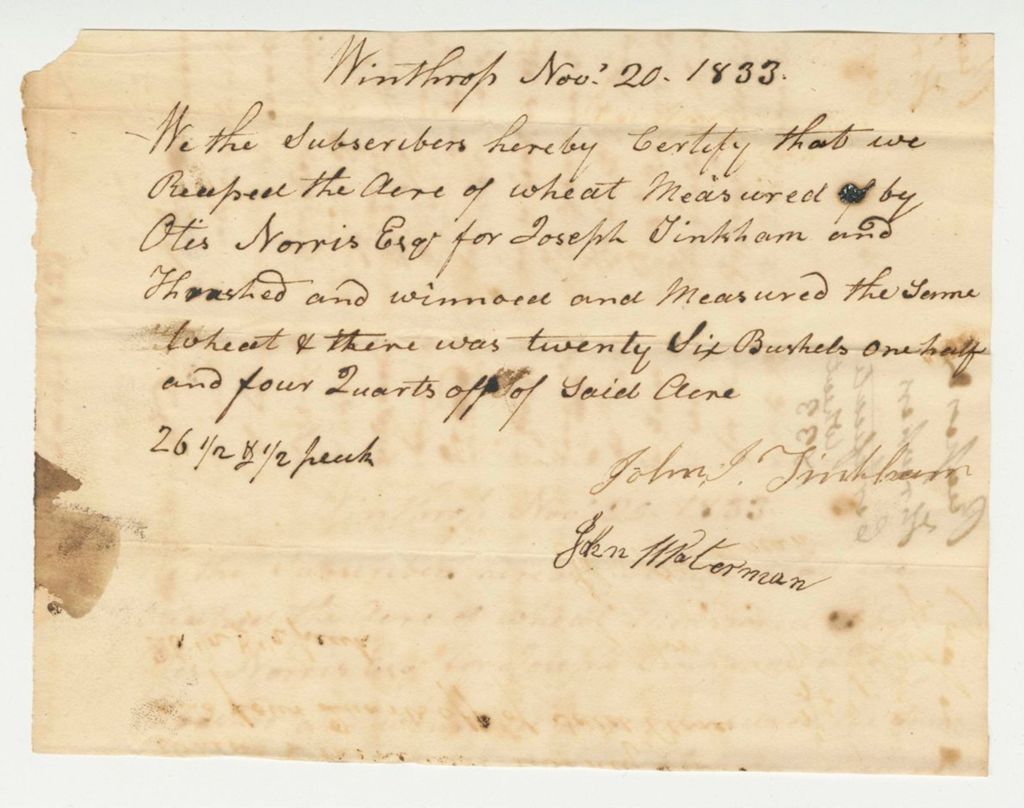 Miniature of John Tinkhorn Certificate on Wheat
