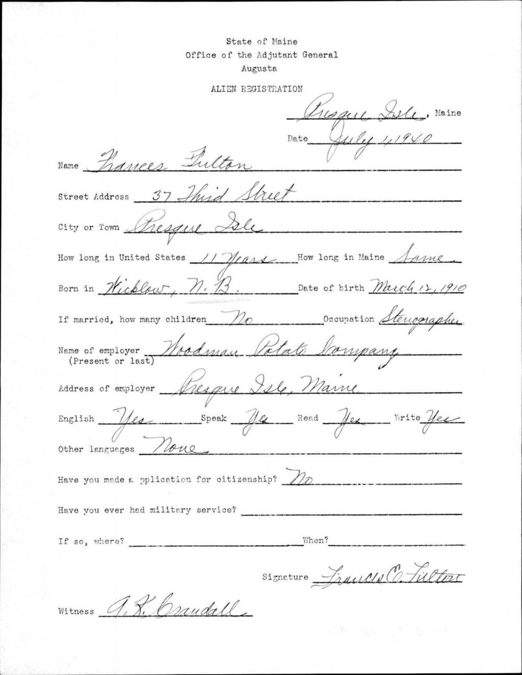 Miniature of Alien Registration- Fulton, Frances (Presque Isle, Aroostook County)