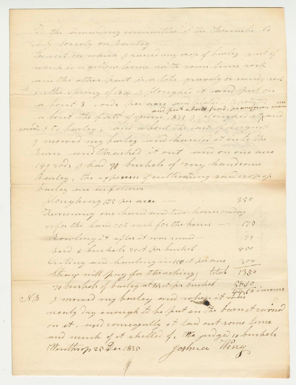 Miniature of Statement of Joshua Wing on Barley