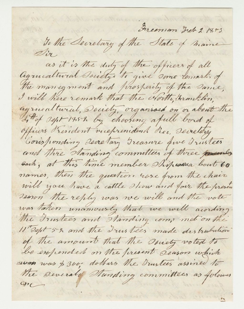 Miniature of Statement of Returns on Premiums of the North Franklin Agricultural Society