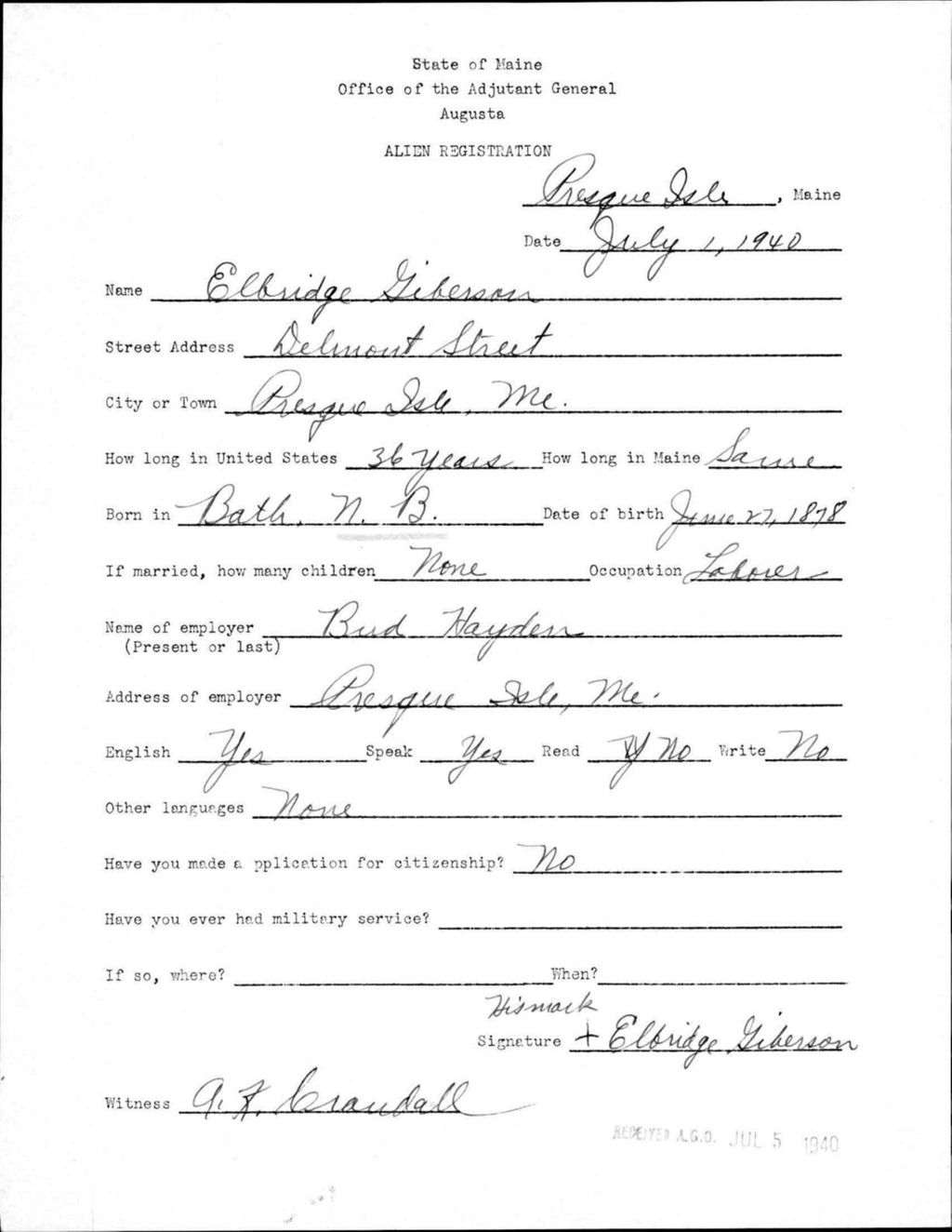 Miniature of Alien Registration- Giberson, Elbridge (Presque Isle, Aroostook County)