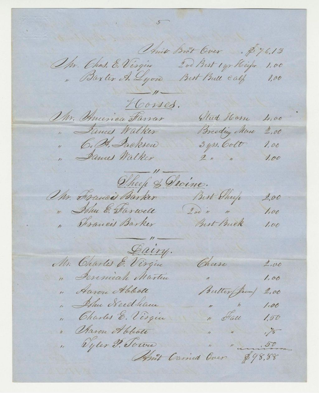 Miniature of Statement of Expenditures of Oxford County Agricultural Society