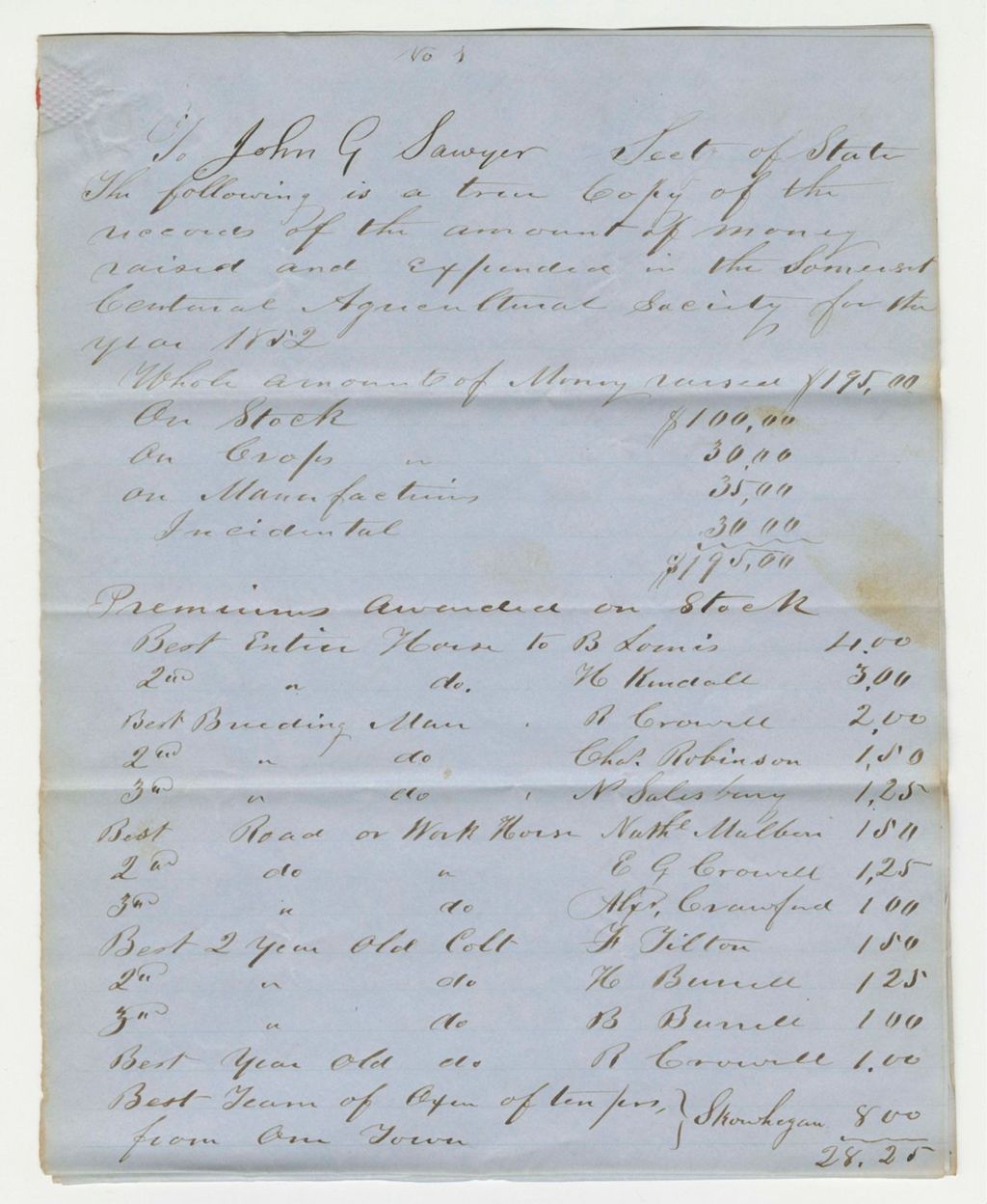 Miniature of Return of Treasurer of Somerset Agricultural Society