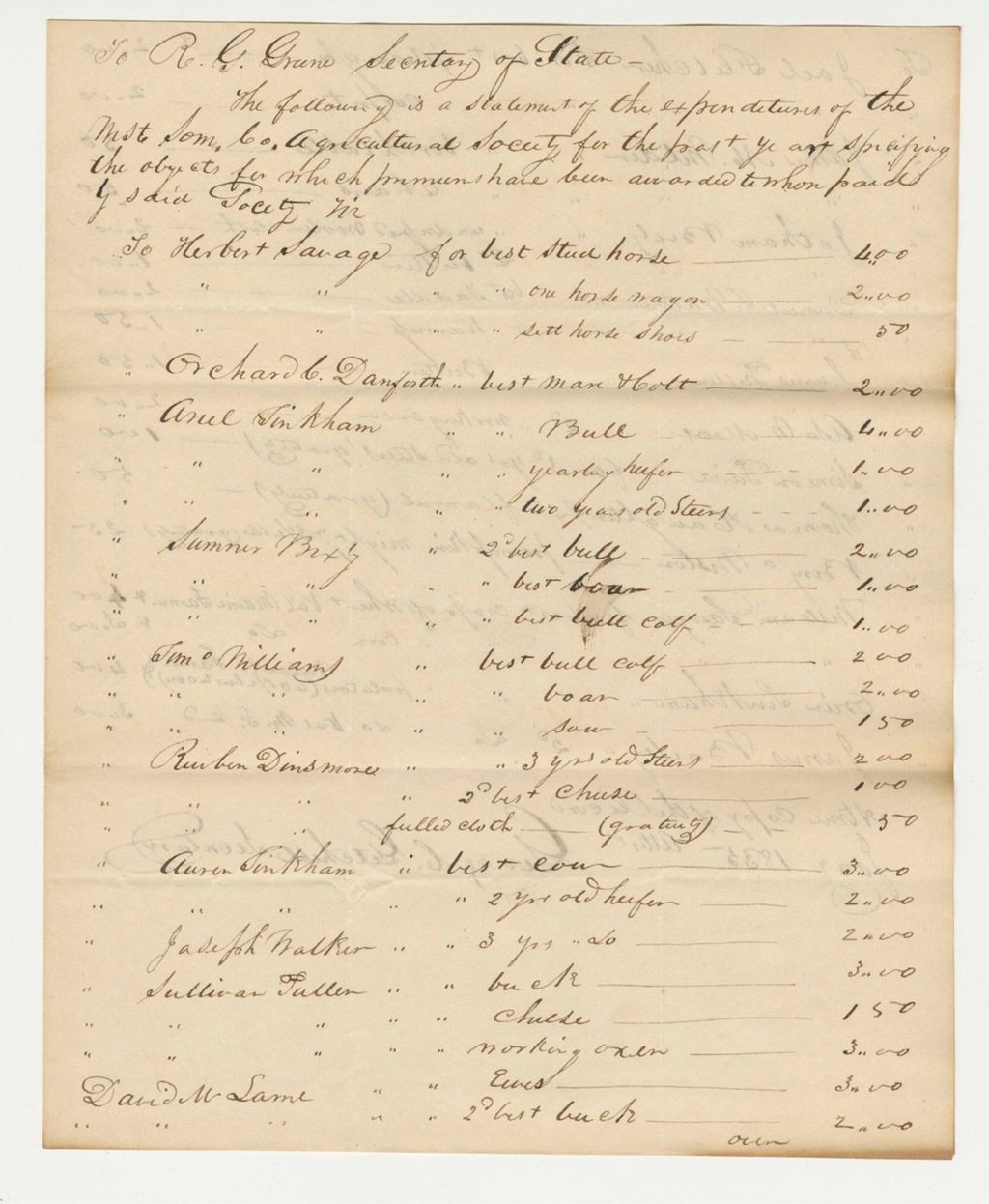 Miniature of Statement of Expenditures of the West Somerset Agricultural Society