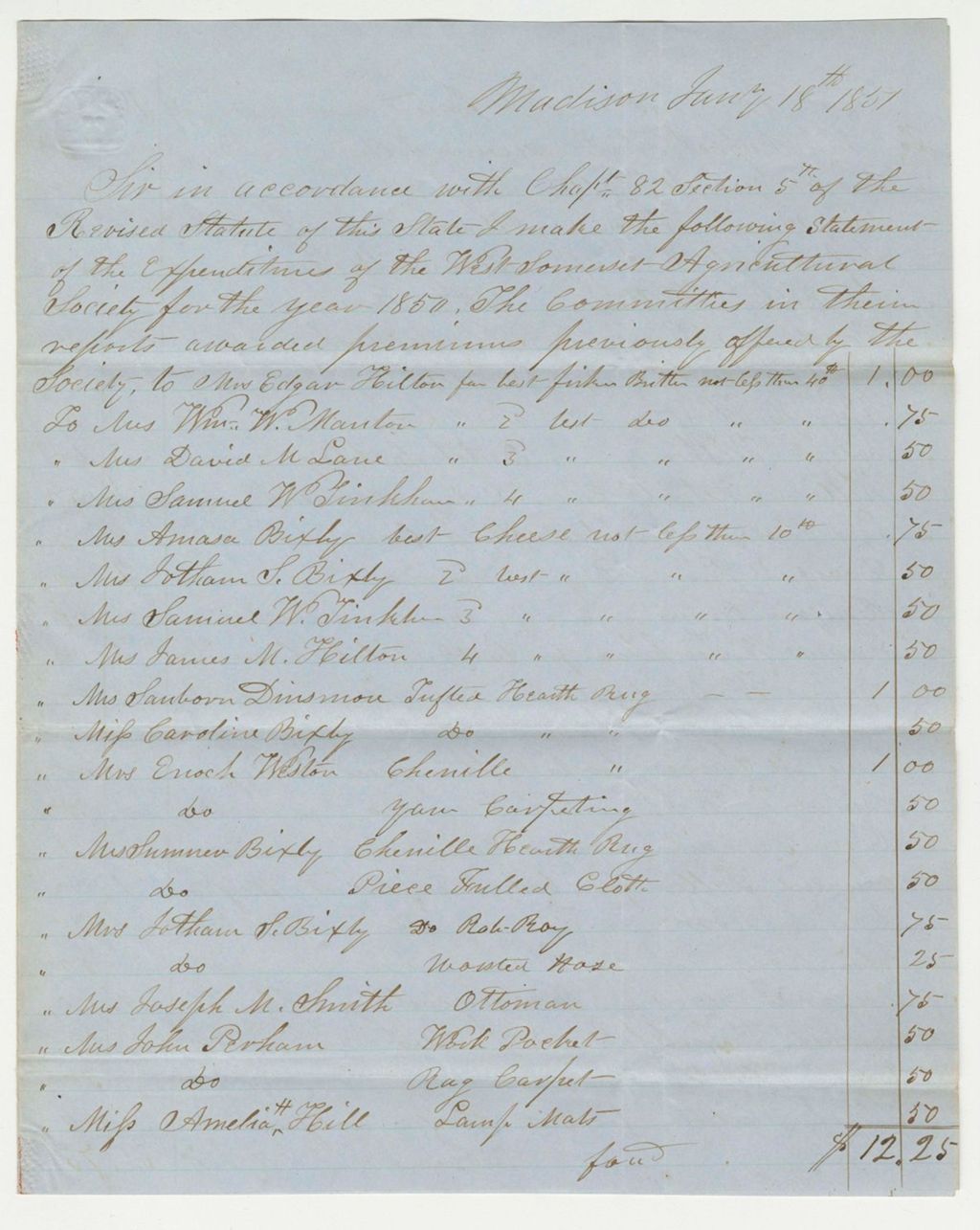 Miniature of Statement of West Somerset Agricultural Society Expenditures