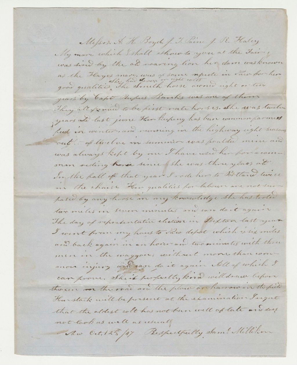 Miniature of Description of Samuel Miller's Horse
