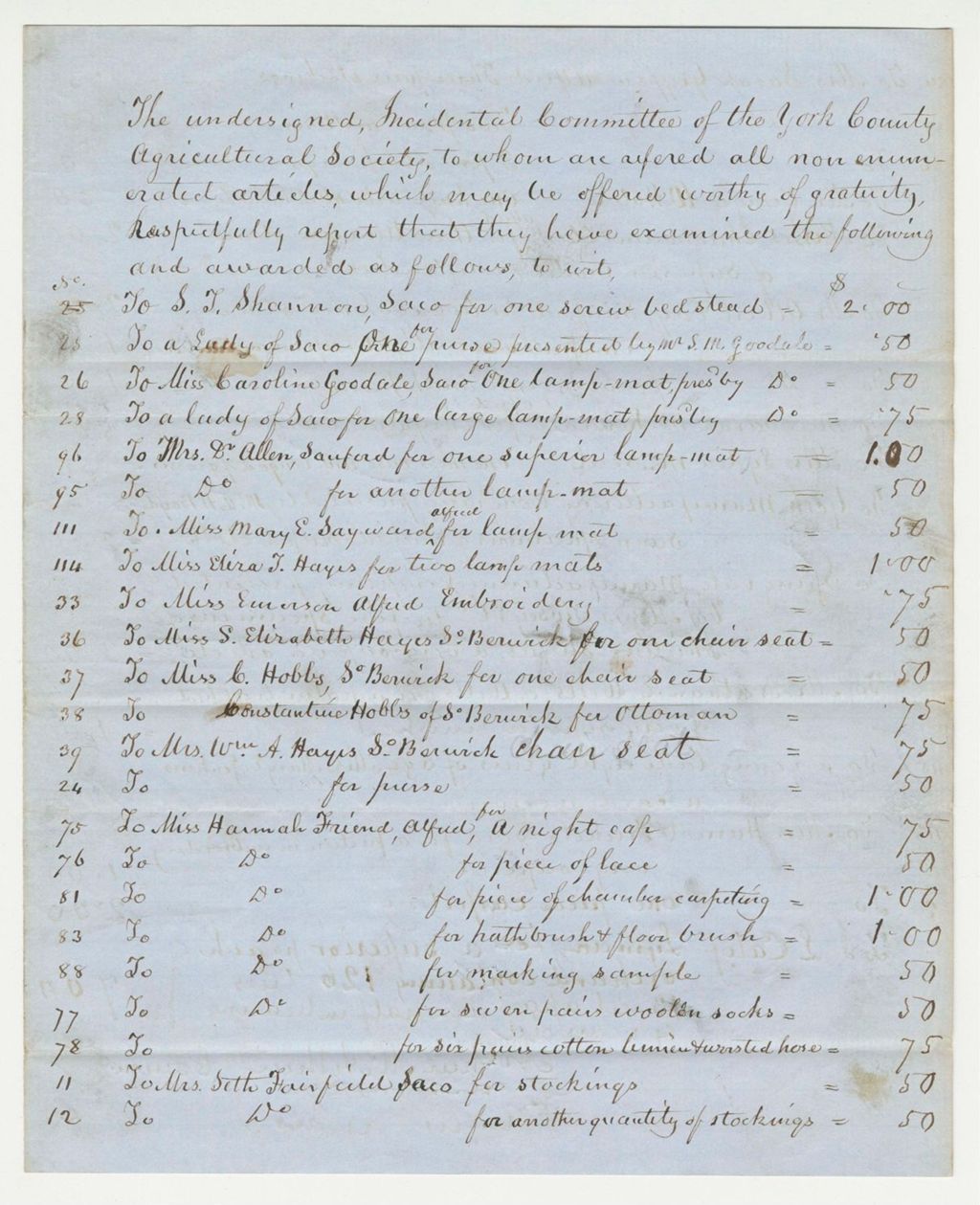 Miniature of Awards Report of Incidental Committee of York County Agricultural Society