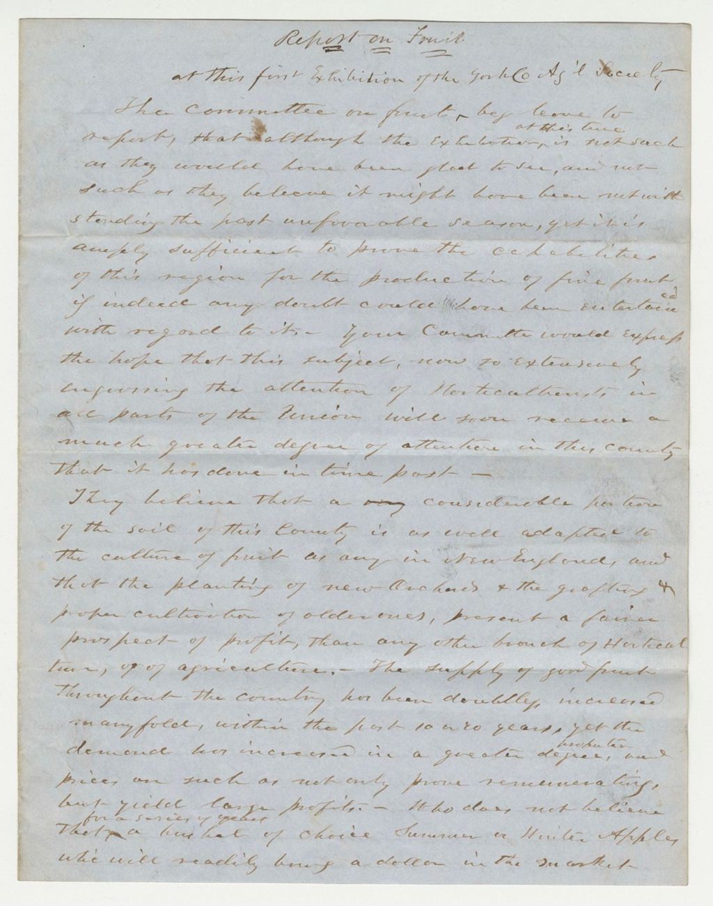 Miniature of Report on Fruit from the Agricultural Society Exhibition