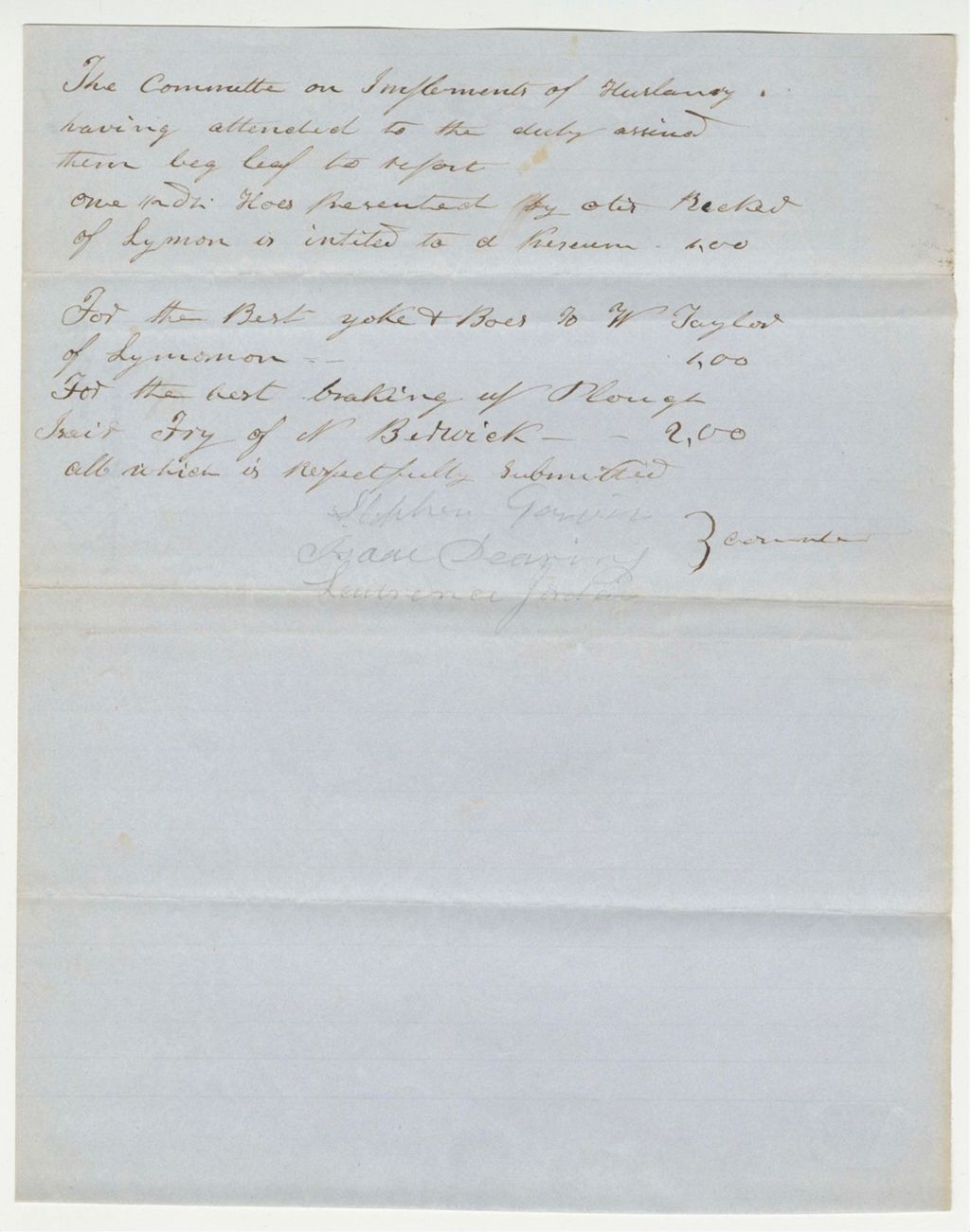 Miniature of Report on Committee of Agricultural Implements