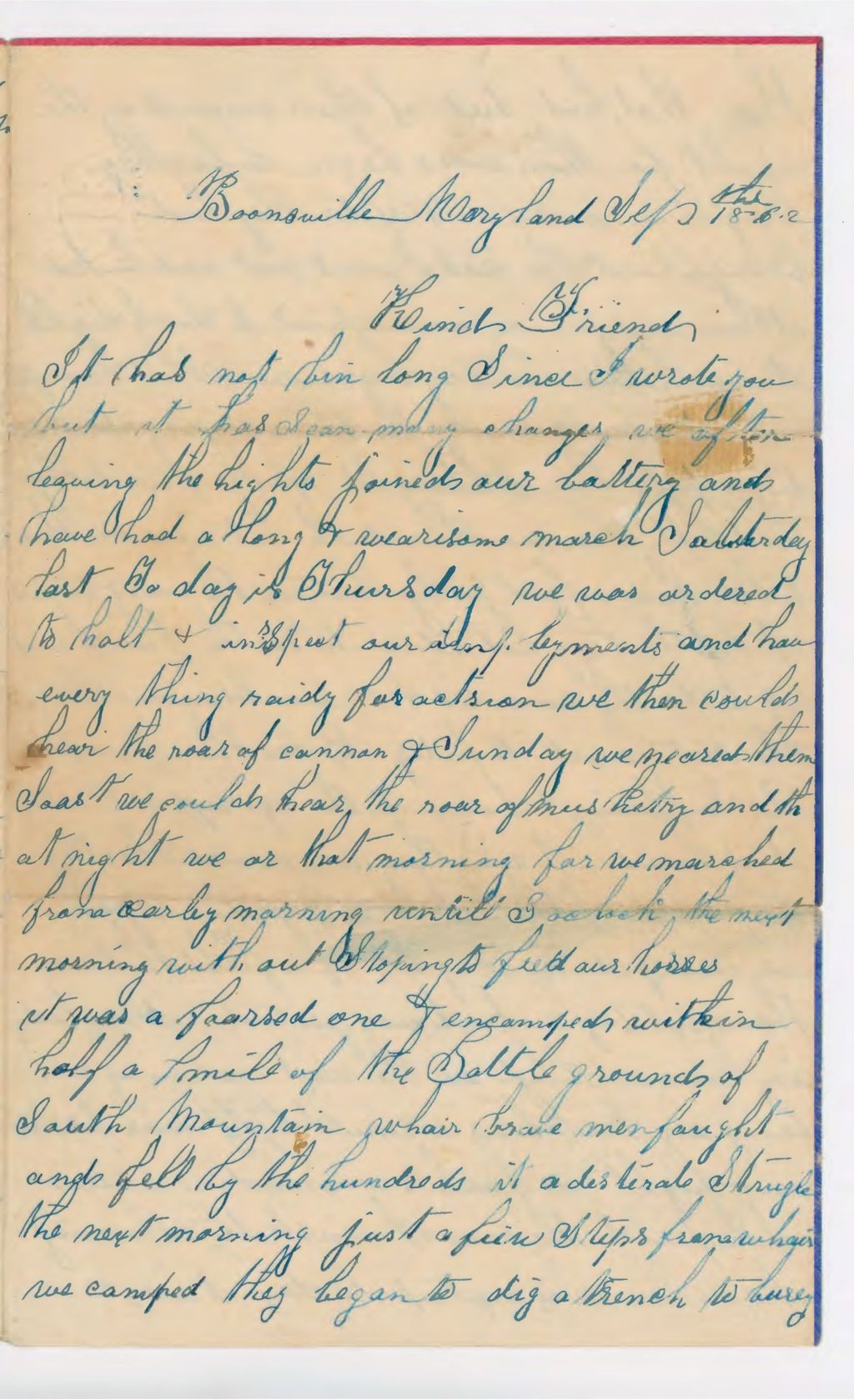 Miniature of Letter of Charles R. Brown of Carroll, ME, 6th Maine Battery, written September 18, 1862, about Battle of Antietam (also known as Battle of Sharpsburg).