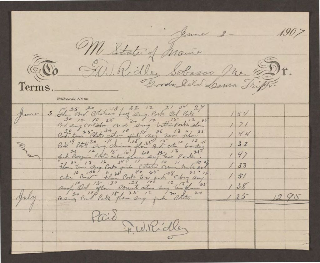 Miniature of Account with F.W. Ridley for goods delivered to Laura Tripp