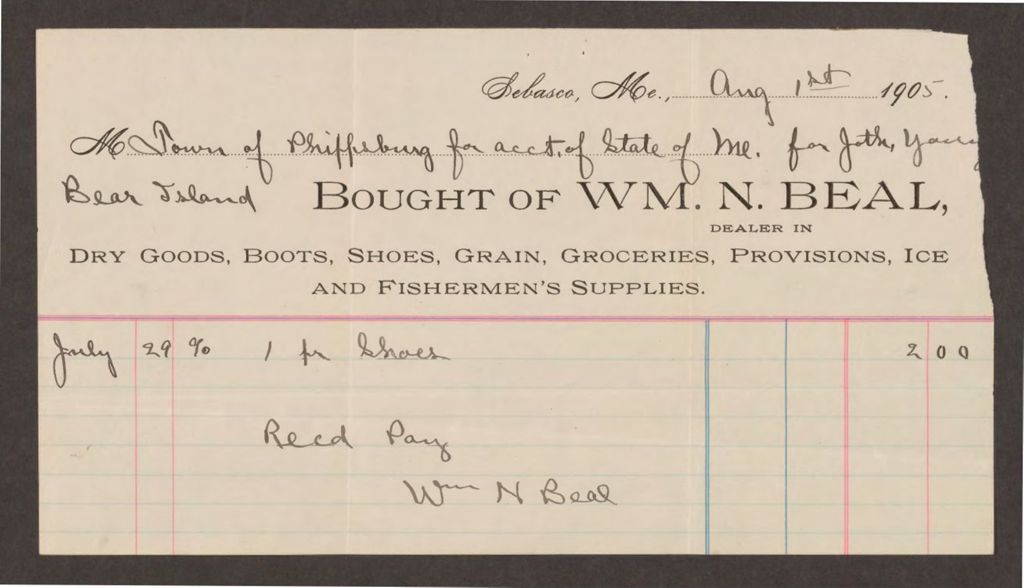 Miniature of Account with William N. Beal for shoes purchased for Joth. Young of Bear Island