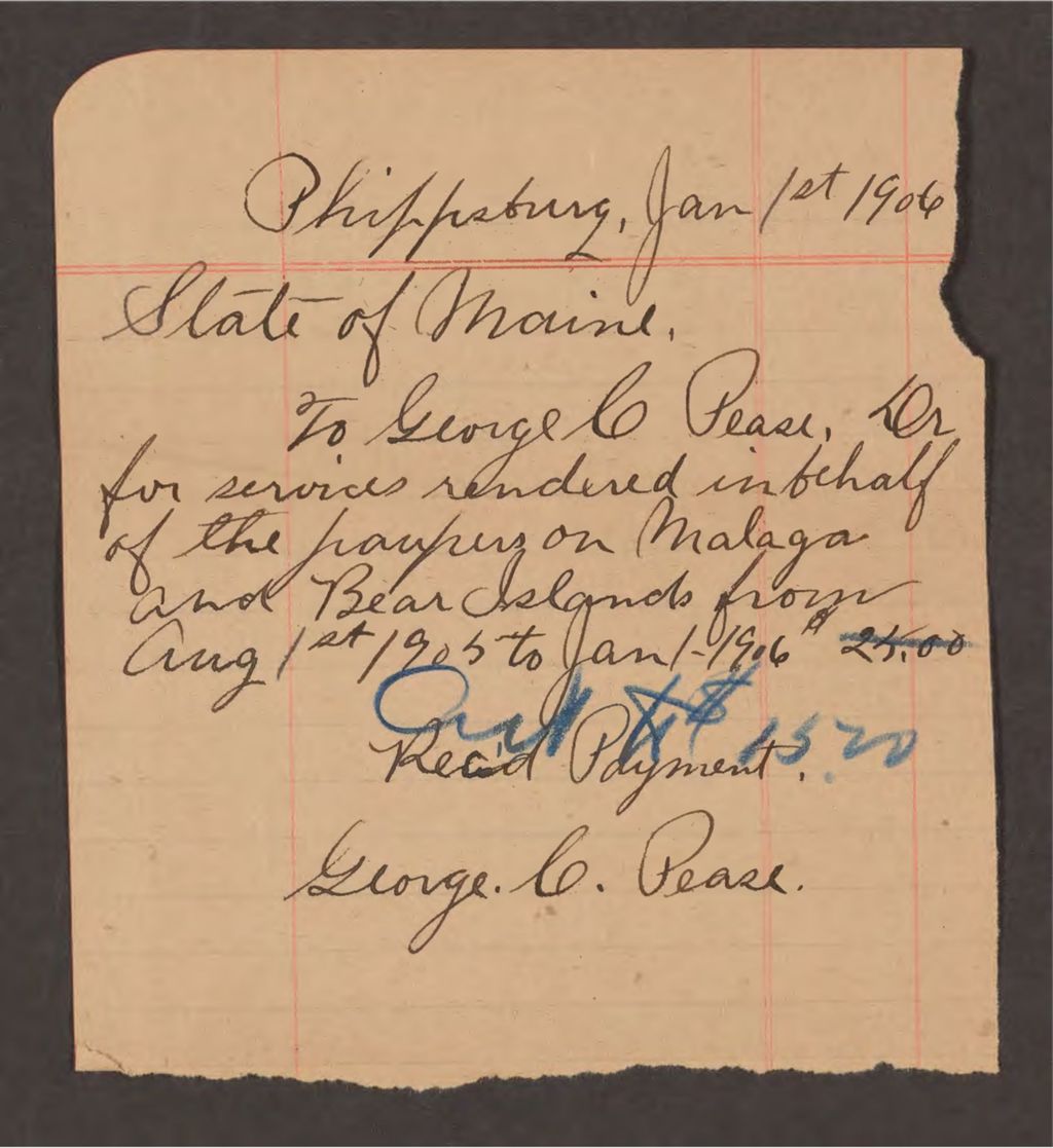 Miniature of Account with George C. Pease for services rendered in behalf of paupers on Malaga Island