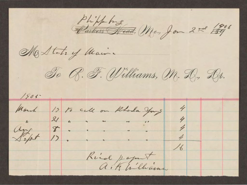 Miniature of Account with A.F. Williams, M.D. for call to Rhoda Young
