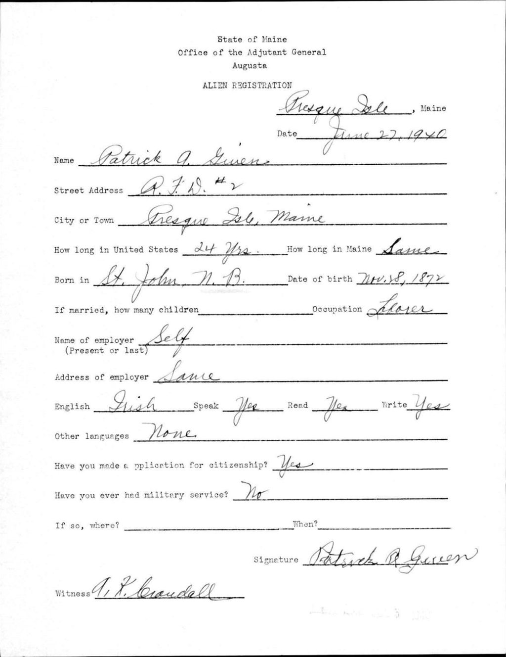 Miniature of Alien Registration- Given, Patrick A. (Presque Isle, Aroostook County)