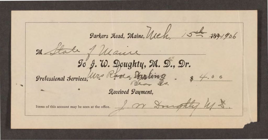 Miniature of Account with J.W. Doughty, M.D. for services to Rhoda Darling