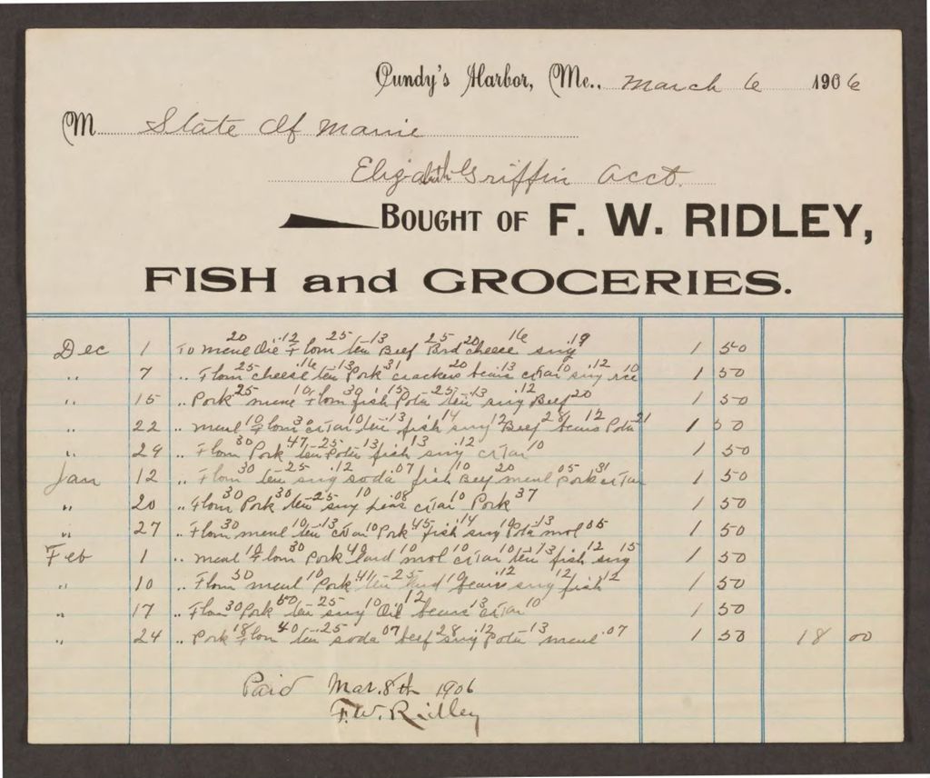 Miniature of Account with F.W. Ridley for Elizabeth Griffin