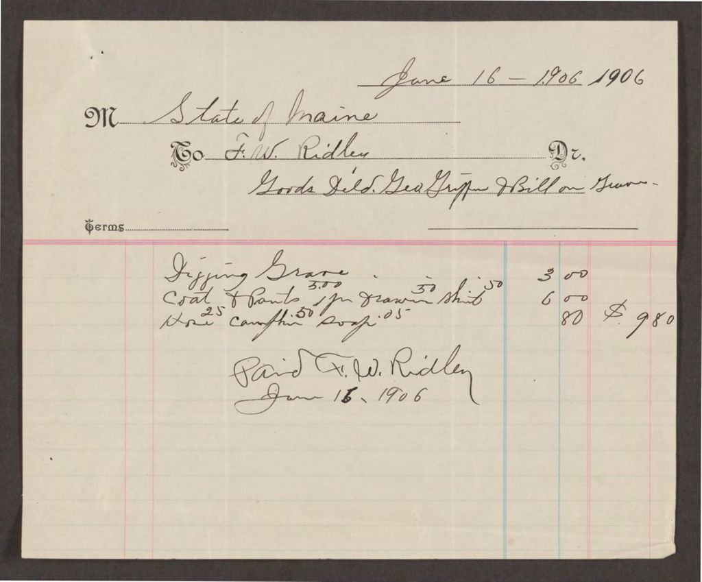 Miniature of Account with F.W. Ridley for goods delivered to George Griffin