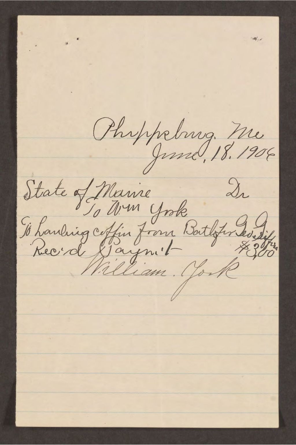 Miniature of Receipt from William York for handling coffin for George Griffin