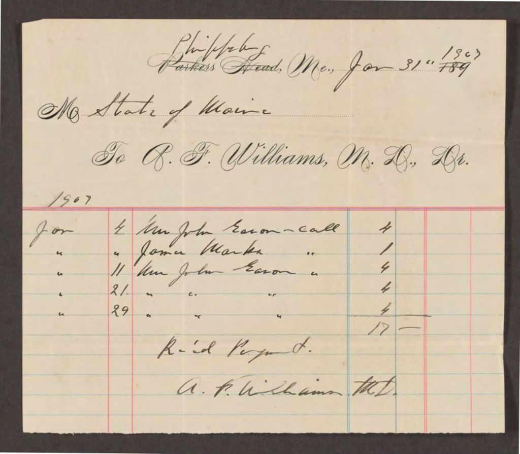 Miniature of Account with A.F. Williams, M.D. for services to Mrs. John Eason and James Marks