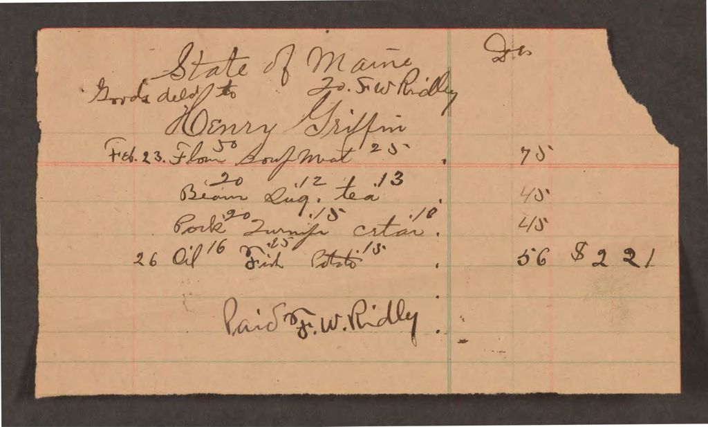 Miniature of Account with F.W. Ridley for Henry Griffin