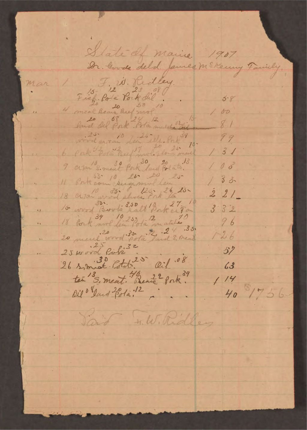 Miniature of Account with F.W. Ridley for James McKenny Family
